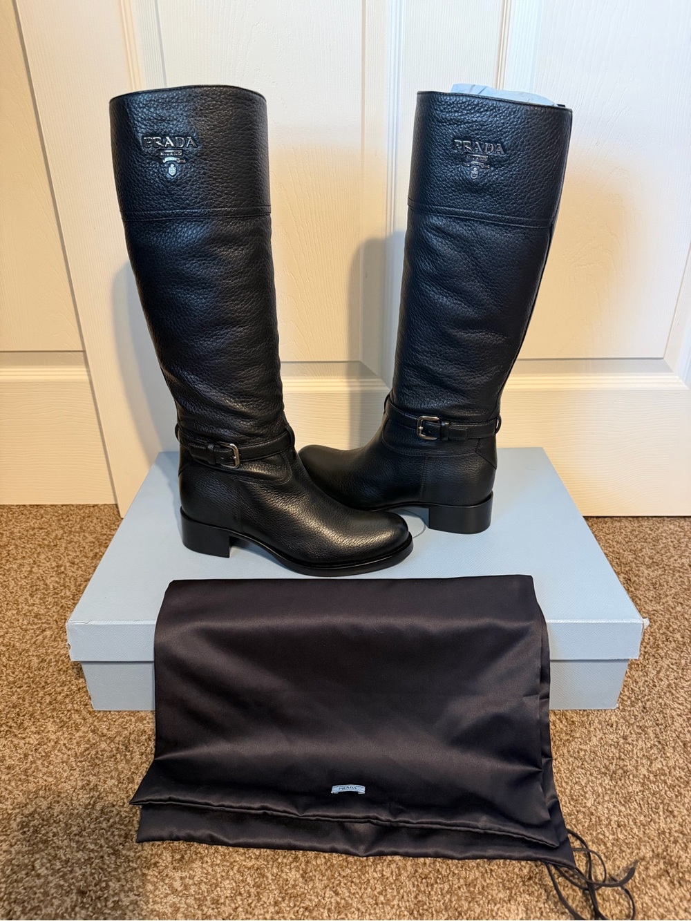 Prada Black Pebbled Leather Knee-High Buckle Boots